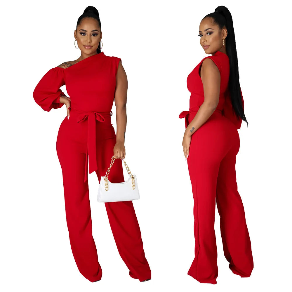 Asymmetrical One Sleeve Bootcut Wide Leg Solid Jumpsuit w/ Sash Belt