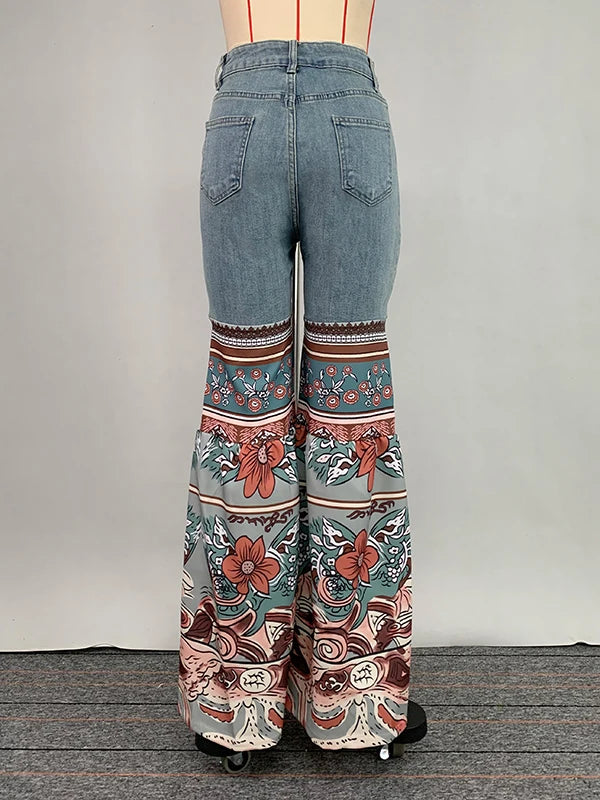 Vintage Patchwork Floral Print Women's High-Waisted Flared Jeans