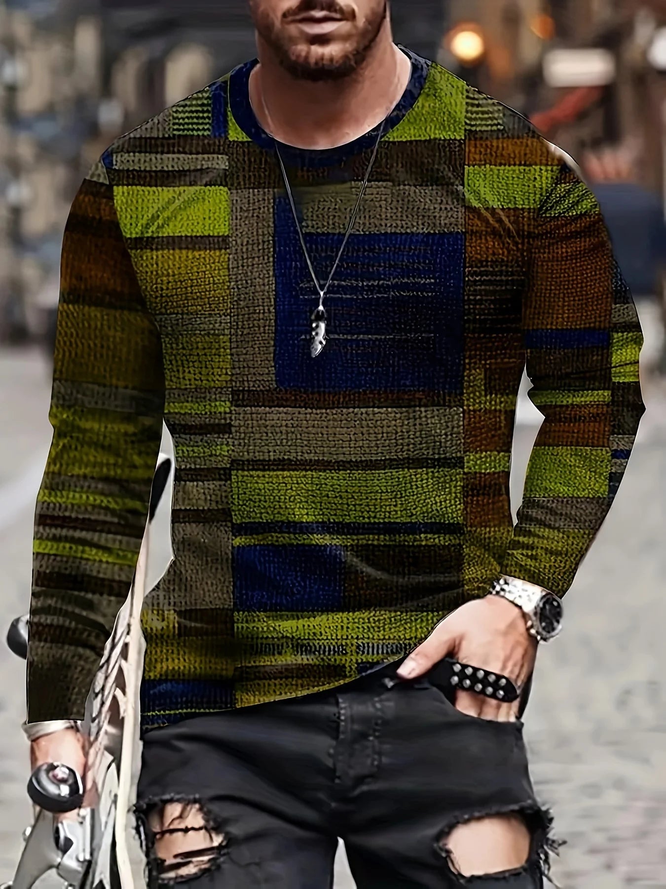 Men's Irregular Colorblock Plaid Pattern O-Neck Long Sleeve Pullover T-Shirts