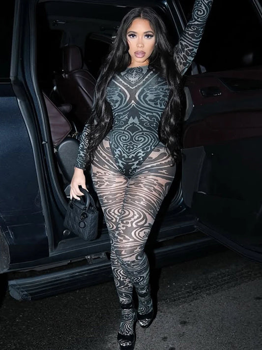 Green Abstract Carnival Print Sheer Transparent Long Sleeve Women's Stretch Bodysuit + Skin Tight Leggings 2-Piece Set