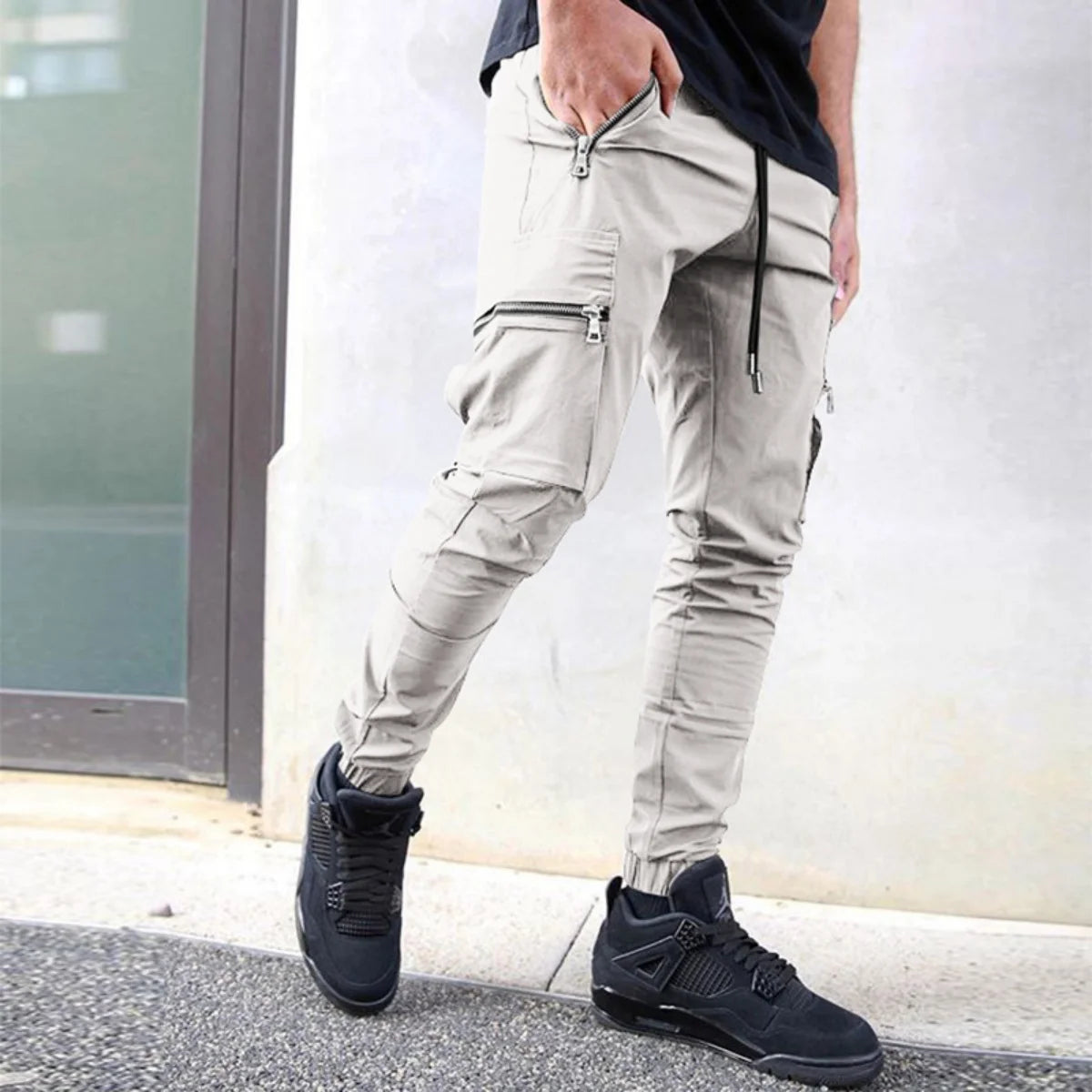 Men's Zipper Pocket Design Drawstring Solid Cargo Pants