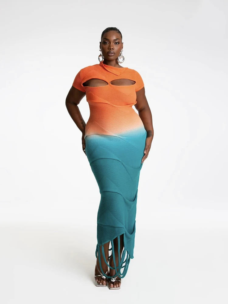 Orange/Turquoise Tassel Fringe Hem Colorblock Ripped Hem Hollow-Out Knitted Short Sleeve Bodycon Maxi Dress