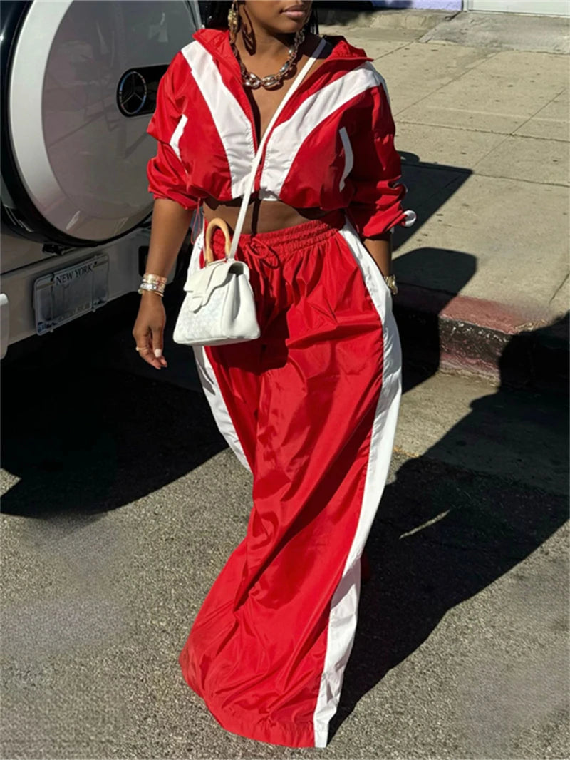 Streetwear Colorblock Women's Loose Crop Zipper Jacket + Wide Leg Pants Tracksuit