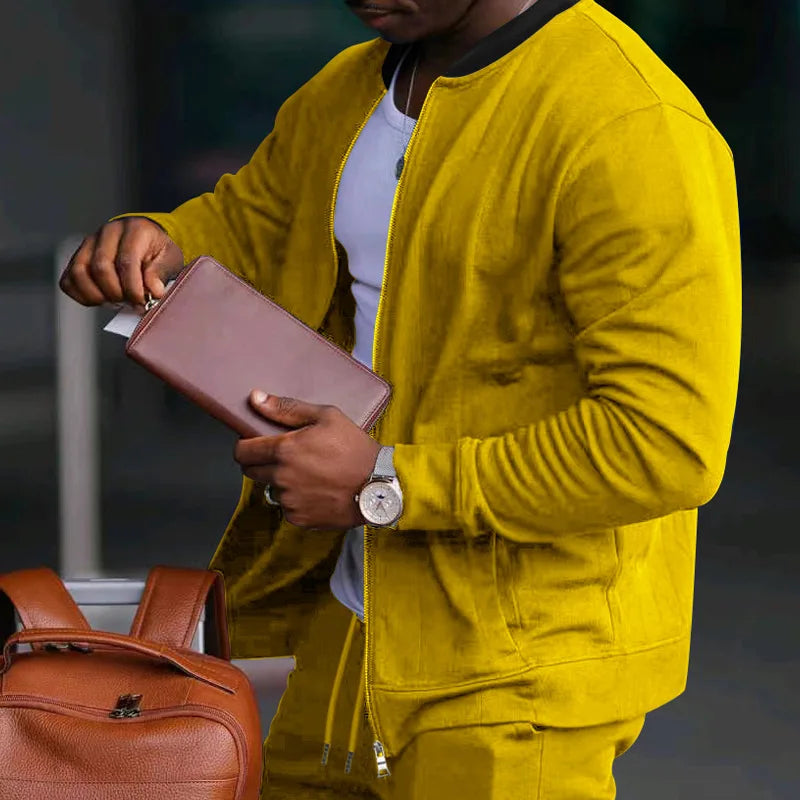 Men's O-Neck Colorblock Bomber Sweat Jacket + Drawstring Jogger Sweatpants Tracksuit