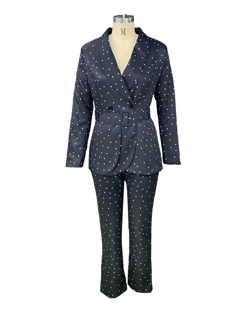 Polka Dot Long Sleeve Solid Blazer Jacket + Trouser Pants Women's Business Suit w/ Belt