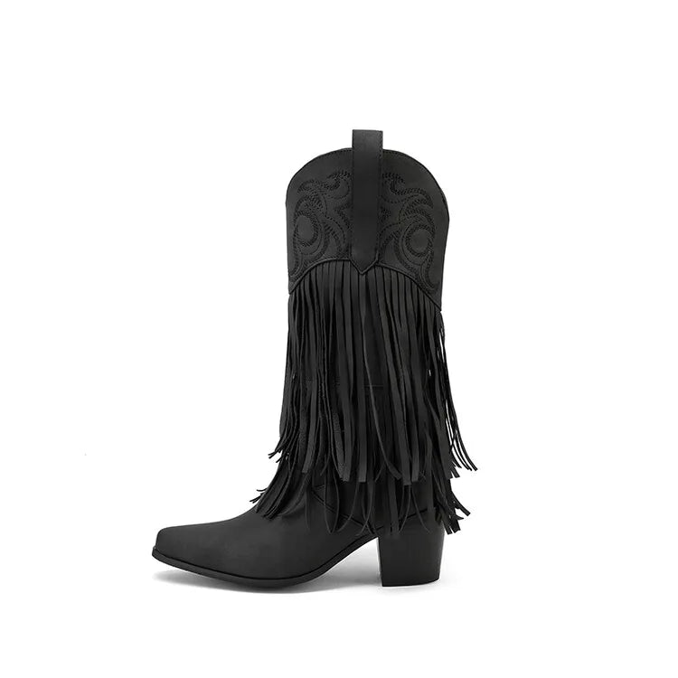 Western Tassel Fringe Totem Design Pointed Toe Women's Wedge Heel Knee-High Cowgirl Rodeo Boots