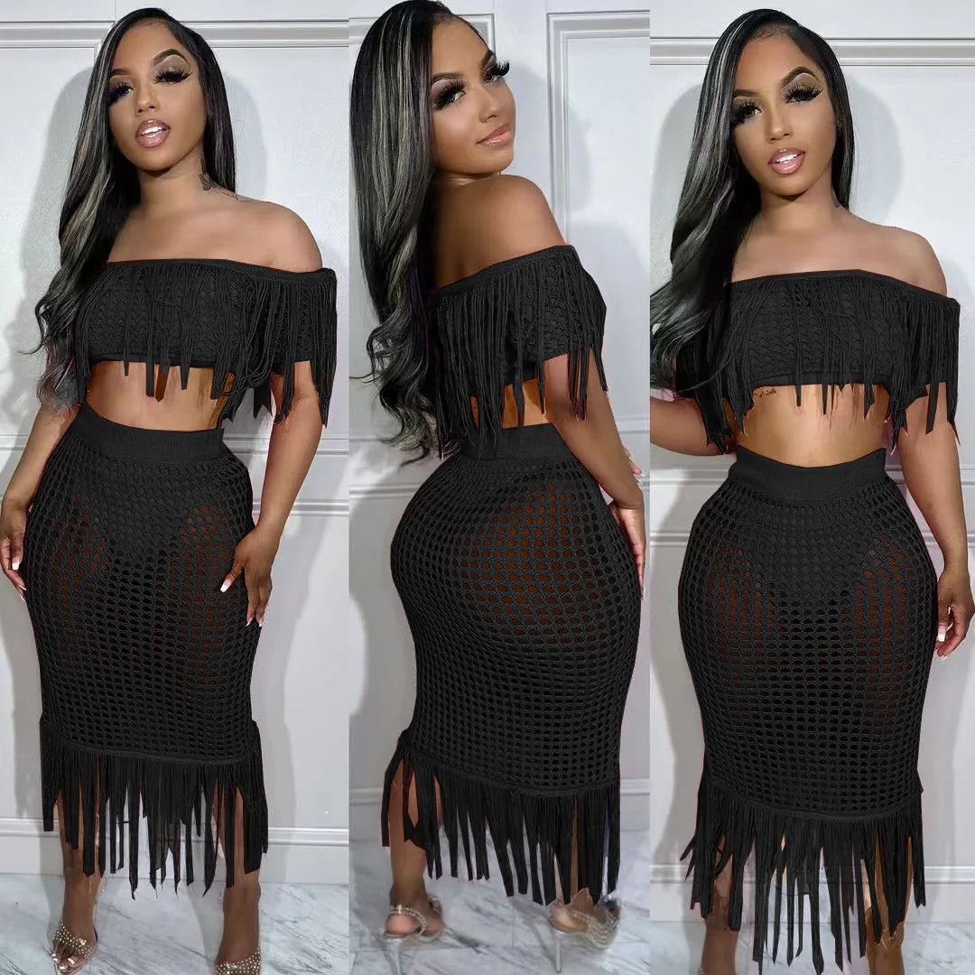 Tassel Detail Knitted Crochet Ribbed Solid Slash Neck Off-the-Shoulder Top + Hollow-Out Midi Fringe Skirt 2-Piece Set