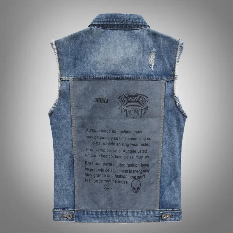 Men's Denim Ripped Skinny Punk Patchwork Sleeveless Button-Up Jean Vest