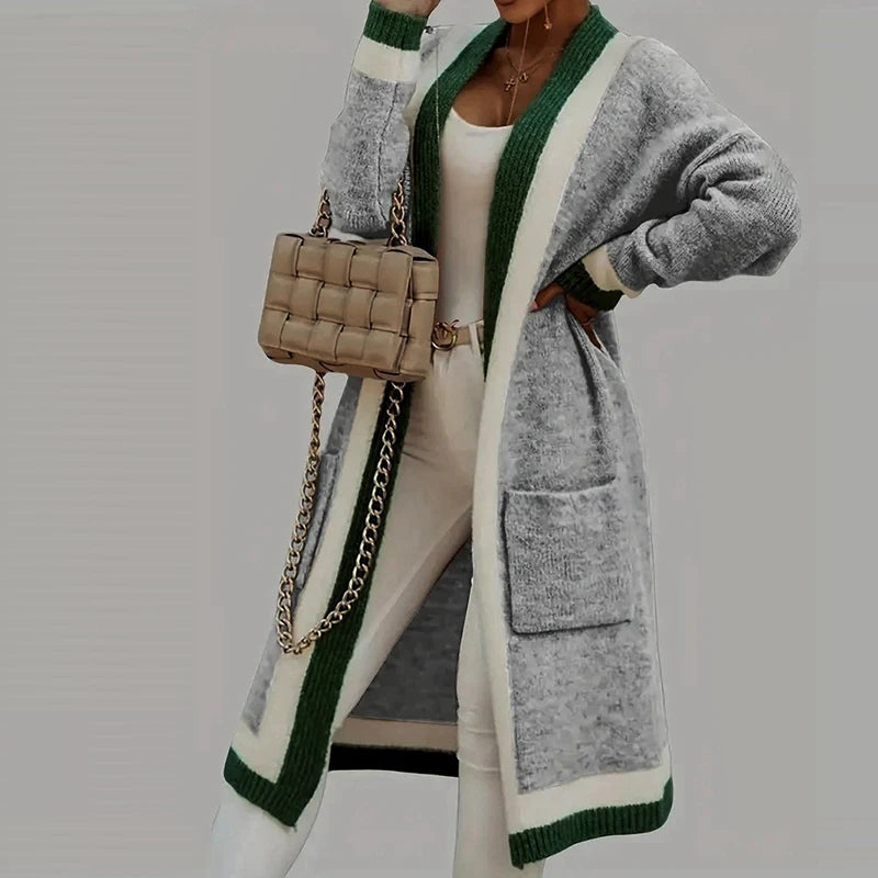 Colorblock Striped Hem Design Knitted Pocketed Open Stitch Women's Long Sleeve Maxi Hoodie Sweater