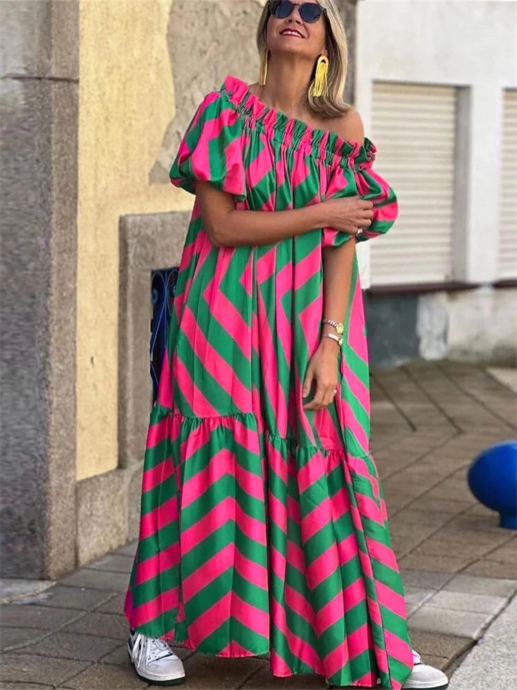 Oversized Striped Off-the-Shoulder Plus Size Bohemian Print Short Sleeve Loose Ruffled Hem Maxi Dress