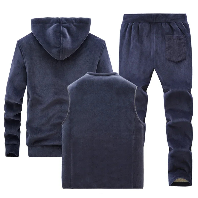Men's Velvet Fleece Lined Drawstring 3-Piece Tracksuit w/ Zipper Hoodie Jacket + Vest + Sweatpants Set