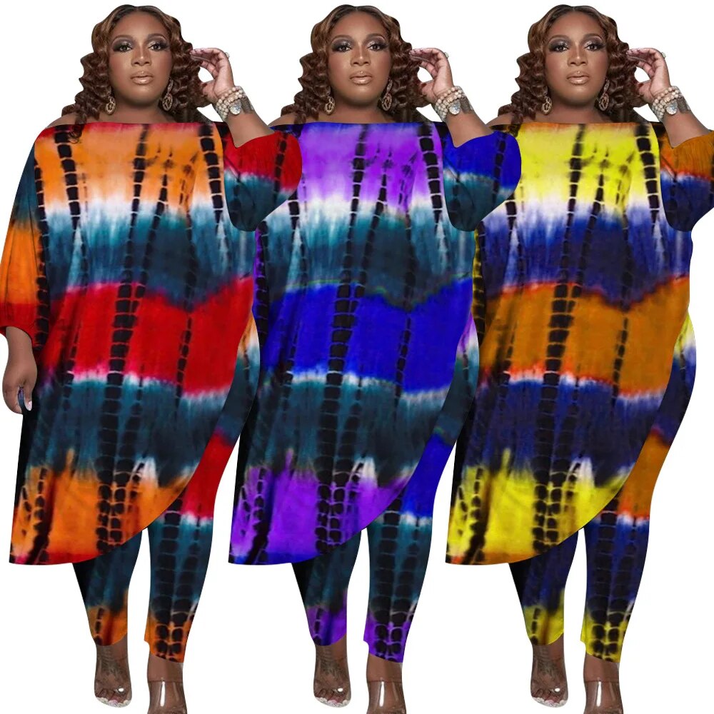 Tie Dye Print Plus Size Loose Oblique Shoulder Irregular Tops Two-Piece Set to 5X