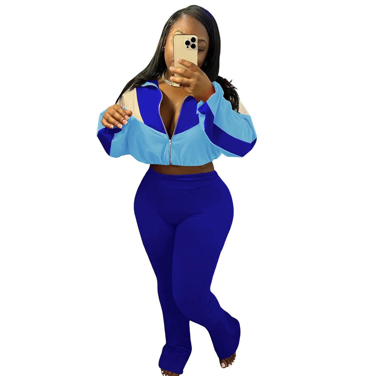 Velvet Striped Colorblock Women's Zipper Sports Jacket + Solid Sweatpants Tracksuit