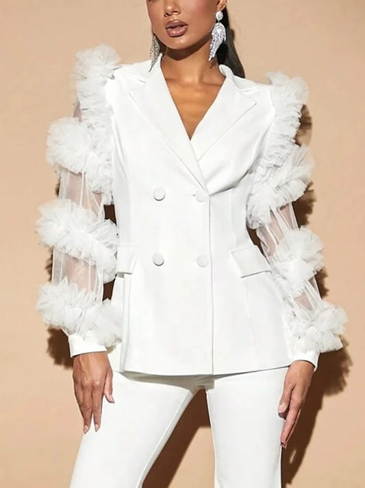 White Faux Fur Patchwork Sheer Mesh Sleeve Notched Collar Long Sleeve Double Breasted Women's Formal Blazer Jacket
