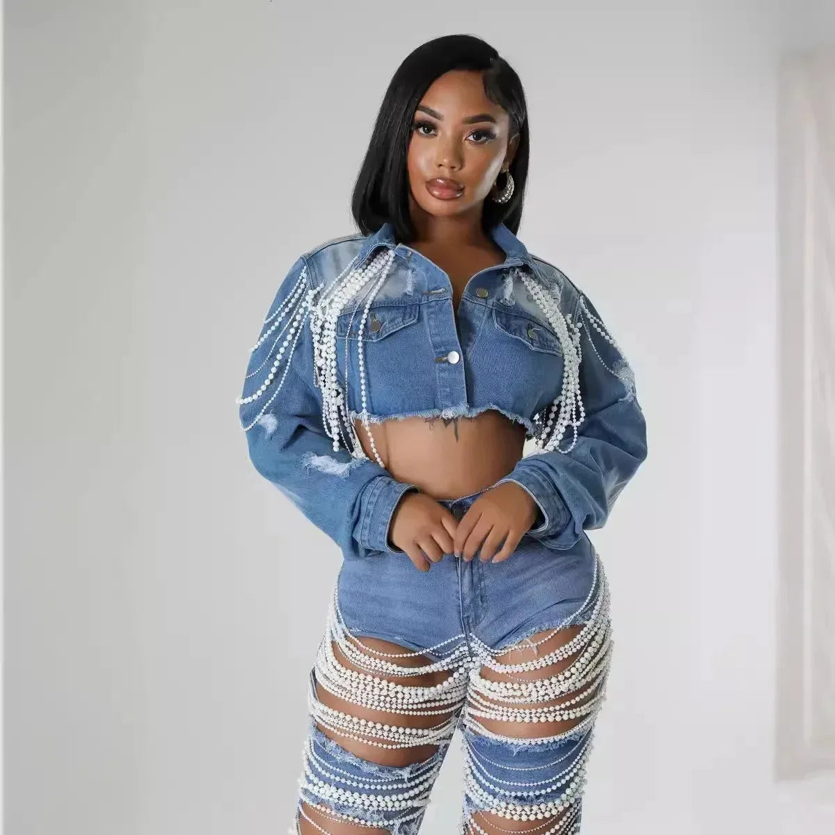 Denim Pearl Tassel Chain Embroidered Long Sleeve Women’s Turn-Down Collar Western Rodeo Jean Jacket OR Jeans-SOLD AS SEPERATES