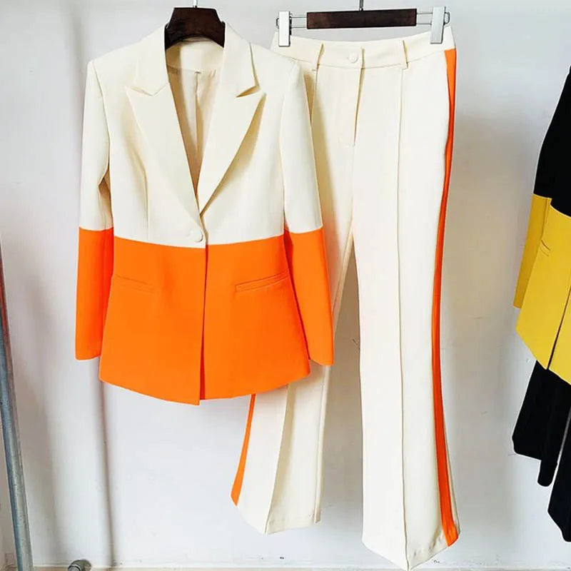 Colorblock Single Breasted Women's Blazer Jacket + Flared Leg Pants Suit
