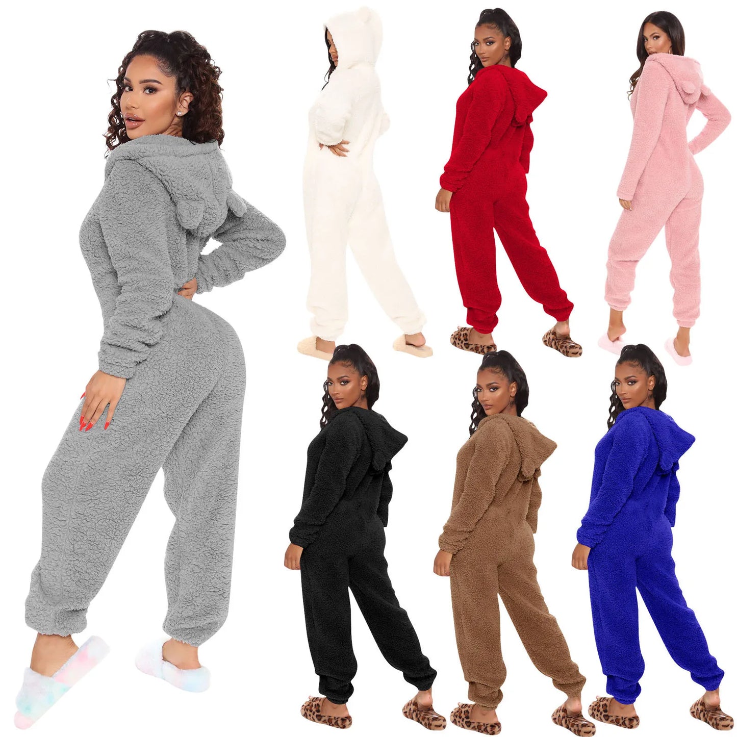 Solid Long-Sleeve Zipper Sleepwear Hooded Ladies Onesie