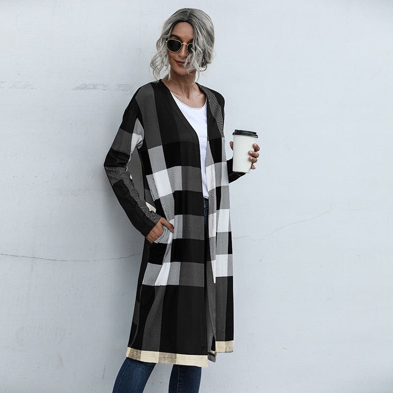 Checkered Plaid Ladies Maxi Cardigan