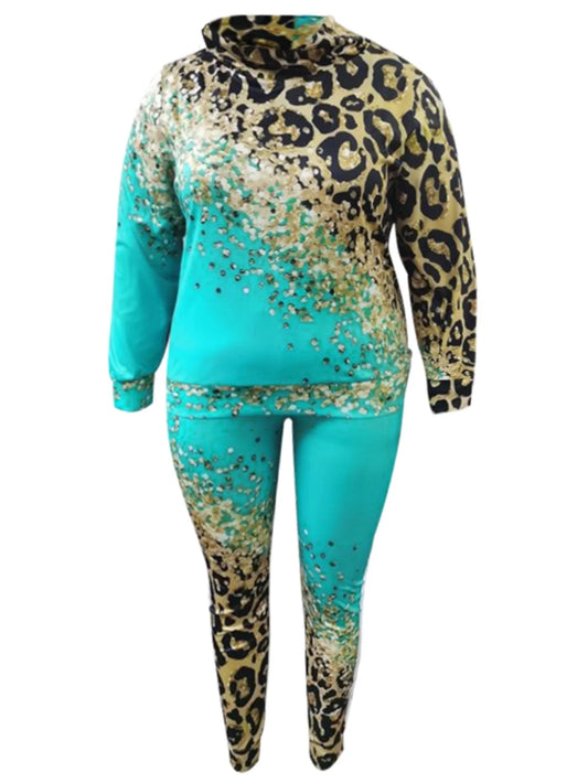 Green/Gold Colored Leopard Turtleneck Long Sleeves Leopard Print Striped Tracksuit to 5X Plus Size