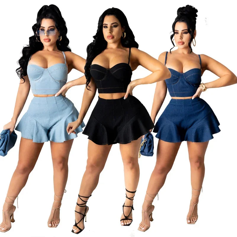 Denim Sleeveless Cami Crop Top + Ruffled Mini Jean Shorts Women's 2-Piece Set
