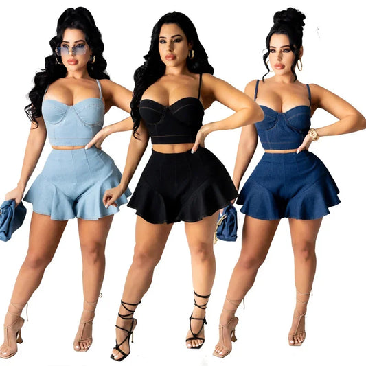 Denim Sleeveless Cami Crop Top + Ruffled Mini Jean Shorts Women's 2-Piece Set