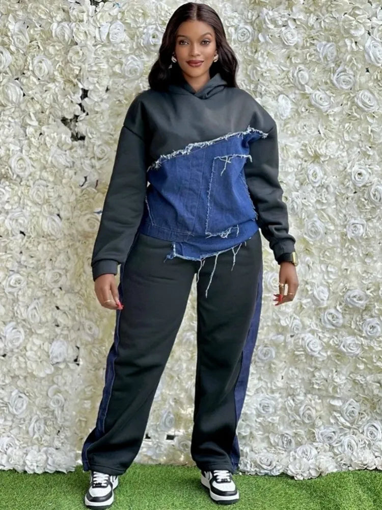 Denim Colorblock Spliced Irregular Patchwork Design Women's Hoodie Sweatshirt + Side Striped Sweatpants Tracksuit