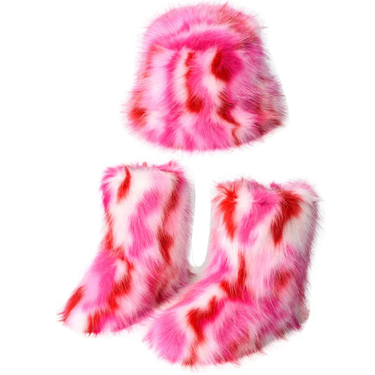 Faux Fur Tie-Dye Print Ladies Plush Slip on Ankle Snowboots + Matching Bucket Hat 2-Piece Set