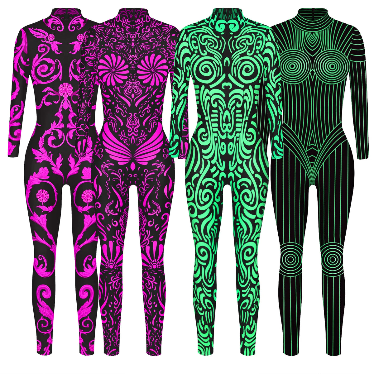 Geometric Striped Print Skin Tight Long Sleeve Cosplay Women's Jumpsuits