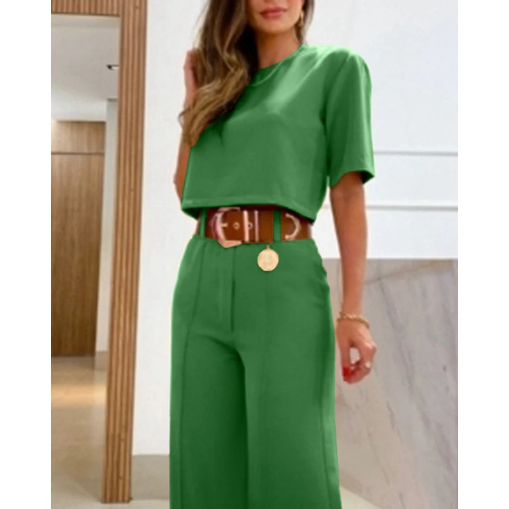 Solid Half Sleeve Crop Blouse & Wide Leg Pants 2-Piece Set