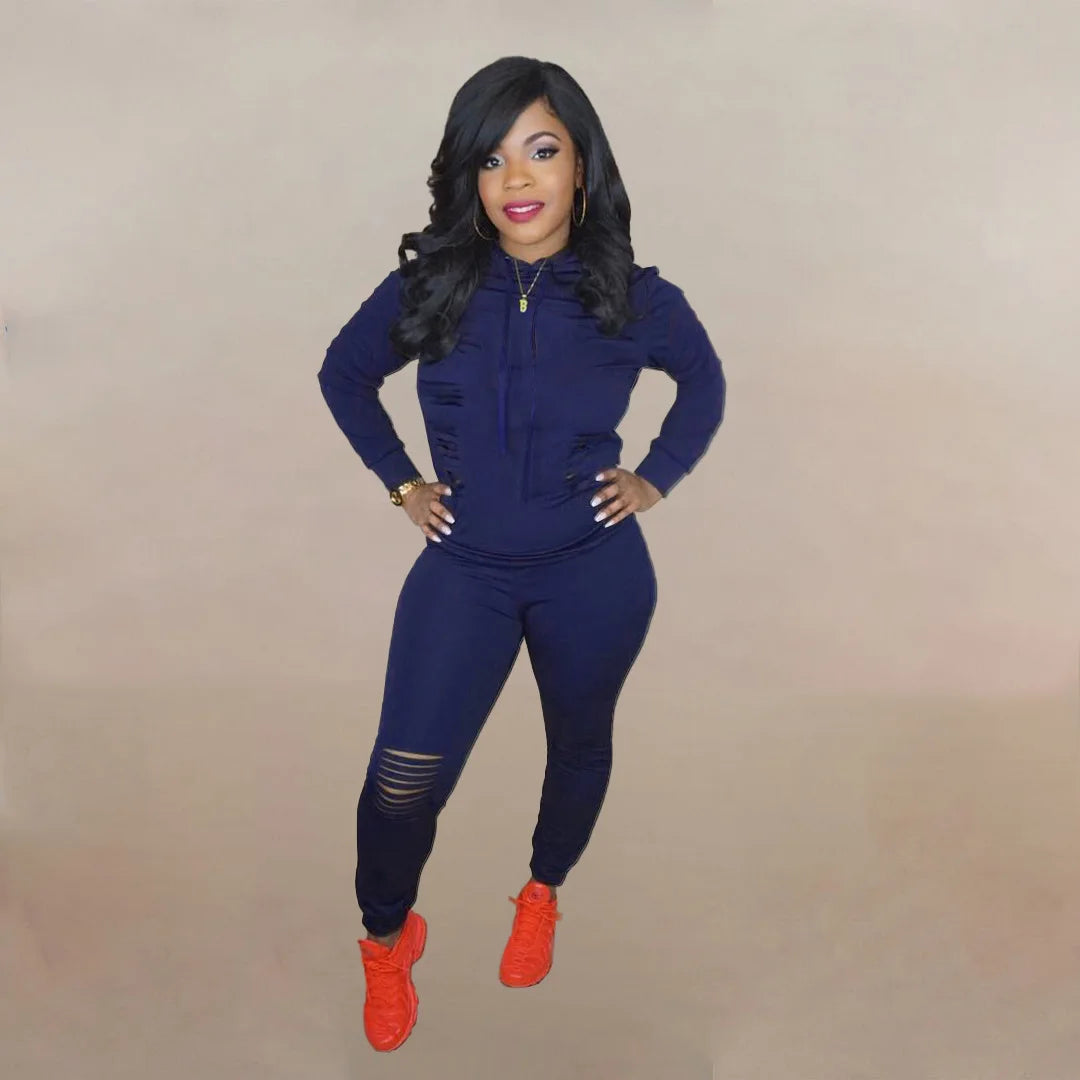 Drawstring Ripped Hollow-Out Women's Solid Color Hoodie Sweatshirt & Ripped Skinny Jogger Sweatpants Tracksuit