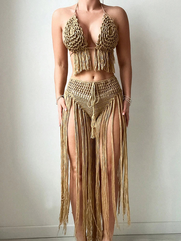 Floral Crochet Tassel Fringe Design Halter Neck Lace-Up Bikini Swimsuit + Matching Skirt Women's 2-Piece Swimsuit Cover-Up Set
