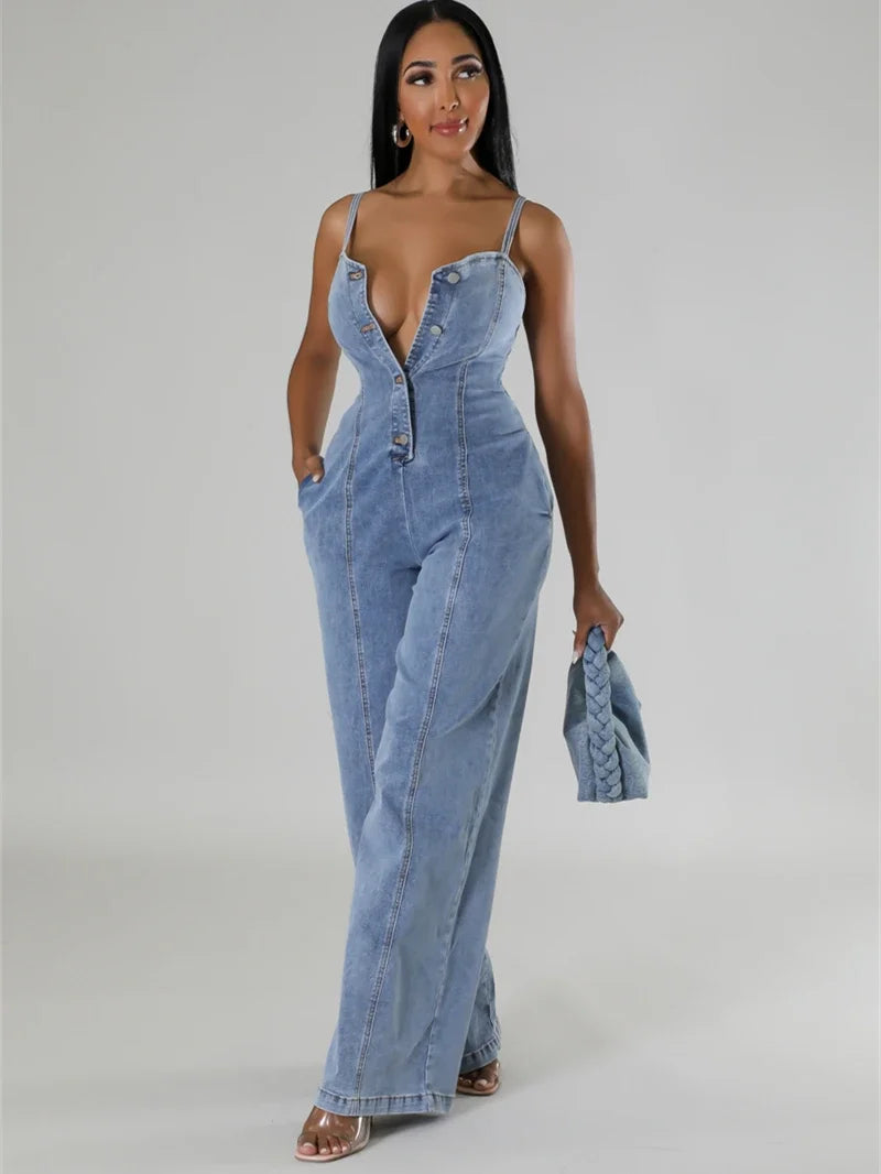 Denim Blue Washed Deep V-Neck Streetwear Strapless Wide Leg Sleeveless Jean Jumpsuit