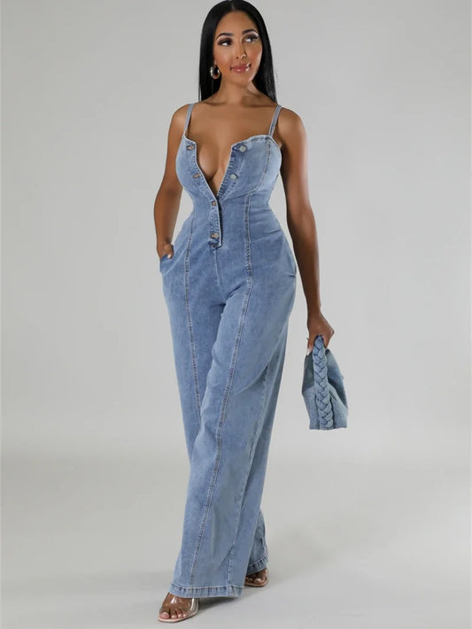 Denim Blue Washed Deep V-Neck Streetwear Strapless Wide Leg Sleeveless Jean Jumpsuit