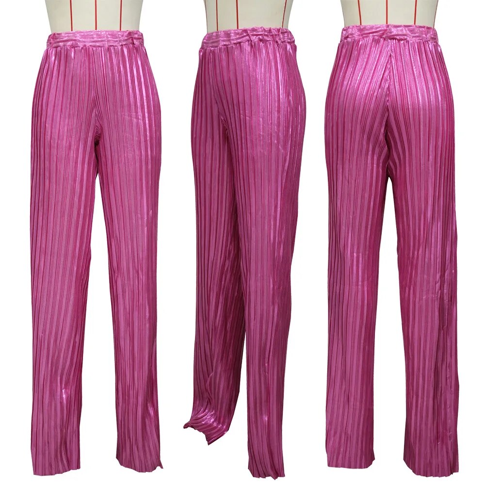 Shiny Pleated High Waist Wide Leg Ladies Pants