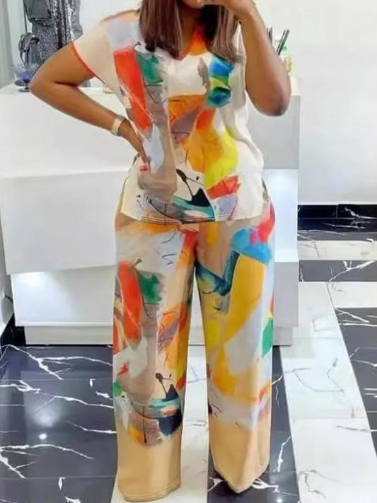 Geometric Satin Multi-Colored Short Sleeve Blouse + Loose Pants 2-Piece Set to 5X Plus Size