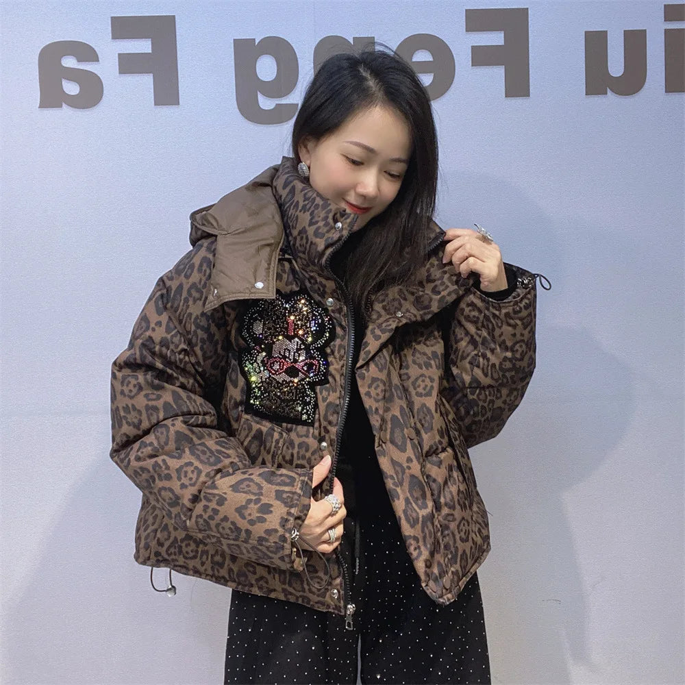 Leopard Rhinestone Hip-Hop Minnie Mouse Print Women's Quilted Cotton Down Hooded Jacket