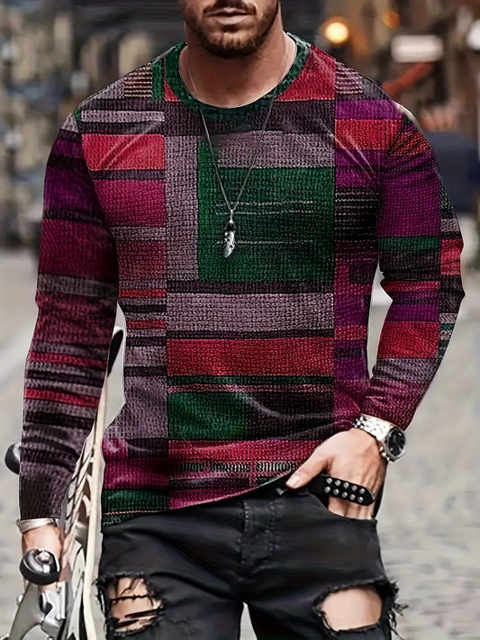 Men's Irregular Colorblock Plaid Pattern O-Neck Long Sleeve Pullover T-Shirts