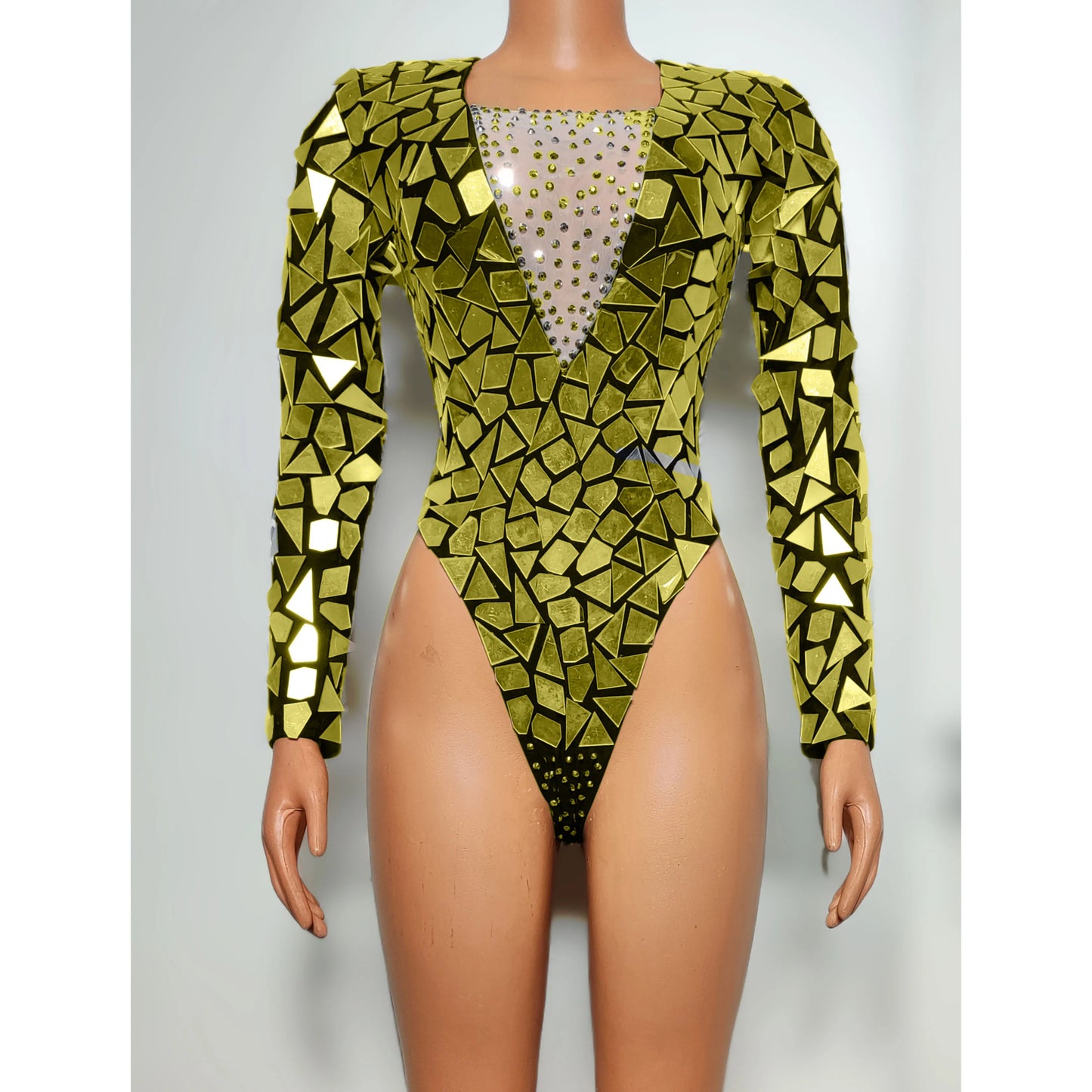 Crystal Sequin Mirror Geometric Metallic Long Sleeve Performance Stage Costume Bodysuit