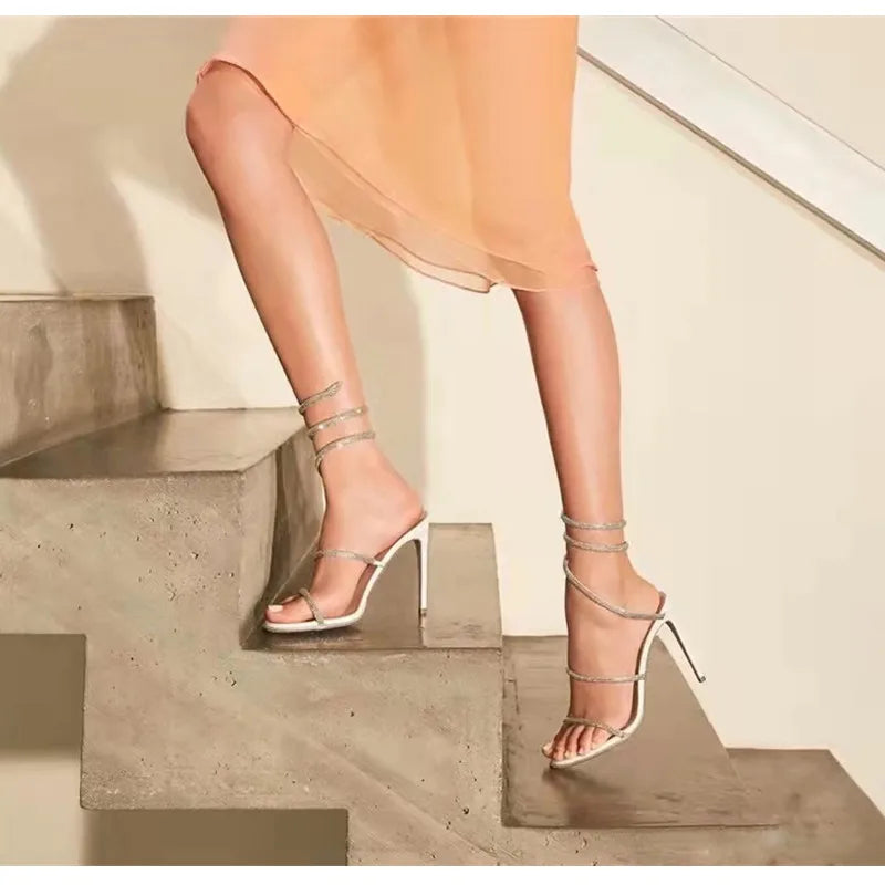 Spiral Snake Twine Band Crystal Rhinestone Thin Stiletto Heel Gladiator Sandal Pumps