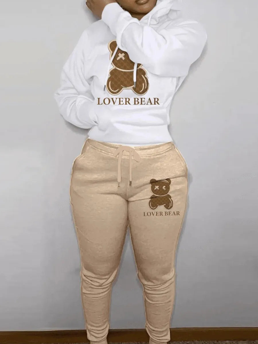 "Lover Bear" Print Kangaroo Pocket Long Sleeve Hoodie + Drawstring Sweatpants Two-Piece Tracksuit