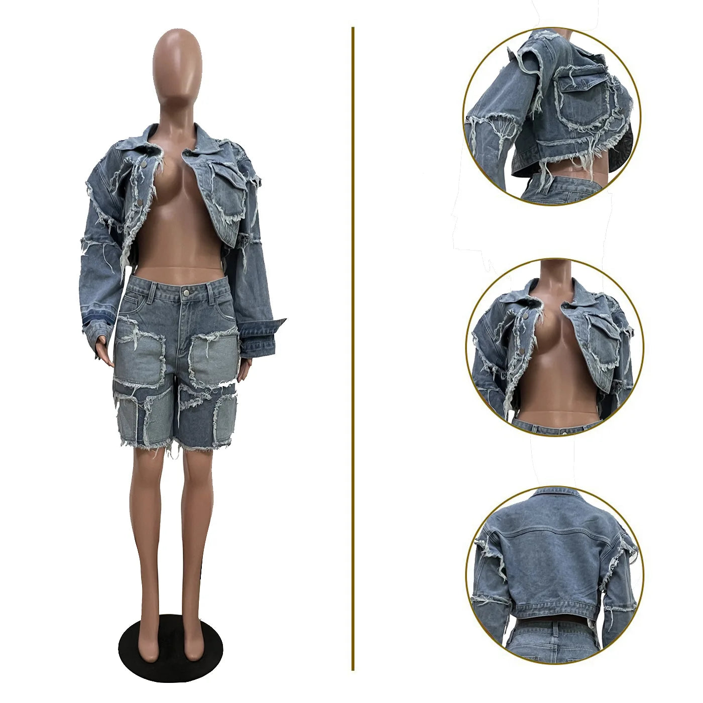 Denim Turn-Down Collar Cropped Jean Jacket + Ripped Colorblock Knee Length Shorts Women's 2-Piece Set