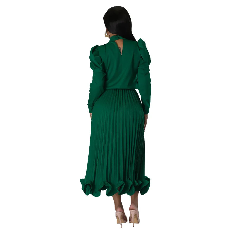 Women’s Solid Color O-Neck Lantern Sleeve Blouse + A-Line Flounce Formal Pleated Maxi Skirt w/ Sash Belt 2-Piece Set