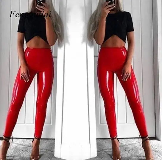 Faux Leather Women’s High Waist Stretch Slim Leggings