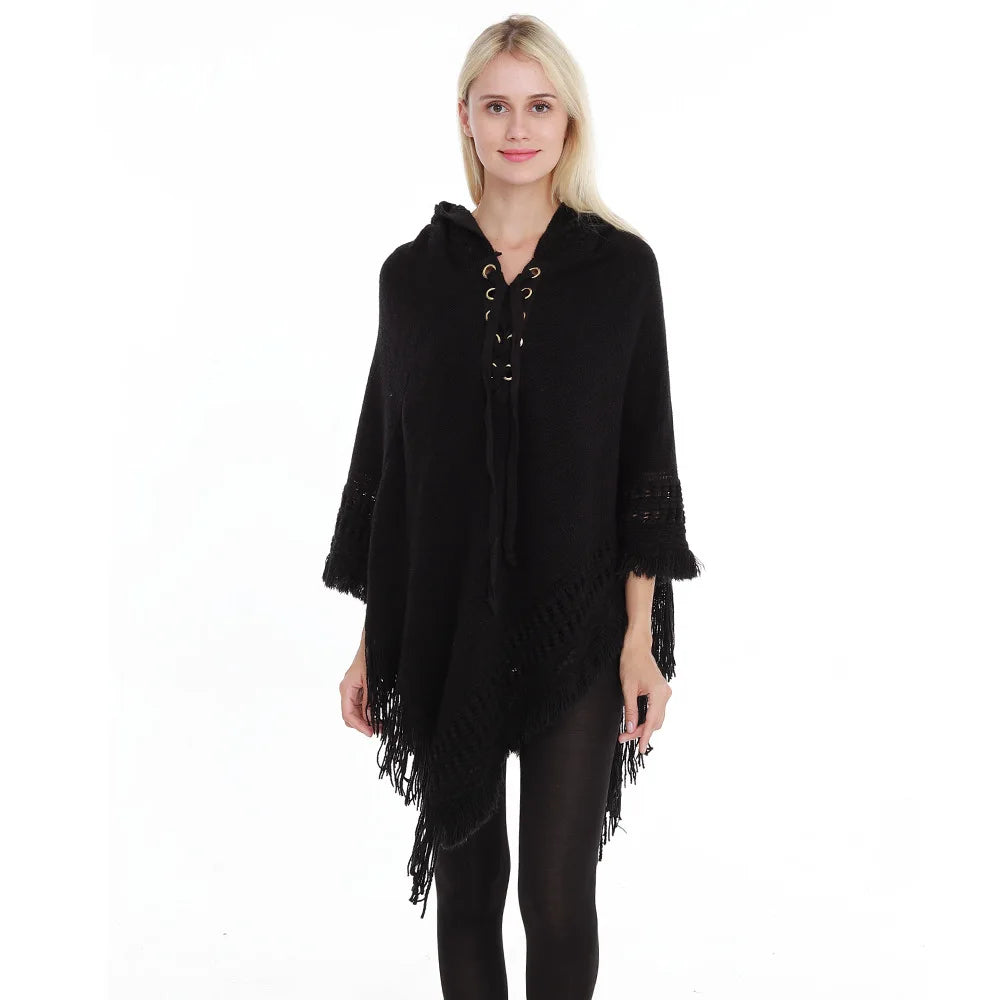 Fringe Tassel Women's Knitted Hooded Crochet Shawl Wrap Sweater