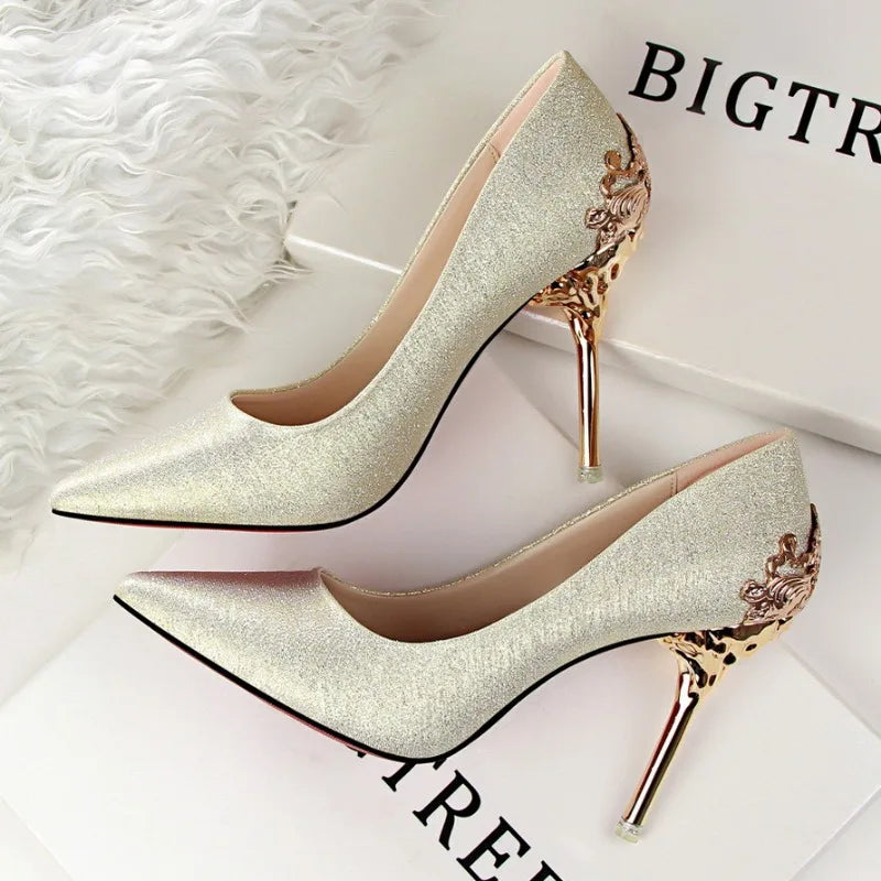 Suede Flock Frosted Metal Hollow  Pointed Toe 10CM High Stiletto Heel Pumps