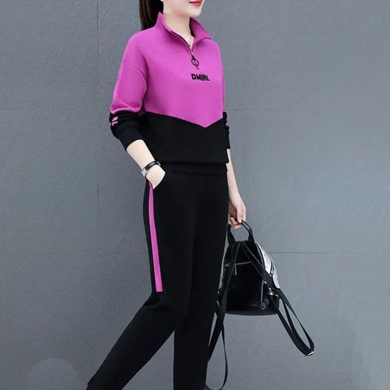 Colorblock Patchwork Turn-Down Collar Zipper Sweatshirt + Side Striped Sweatpants Women's Tracksuit