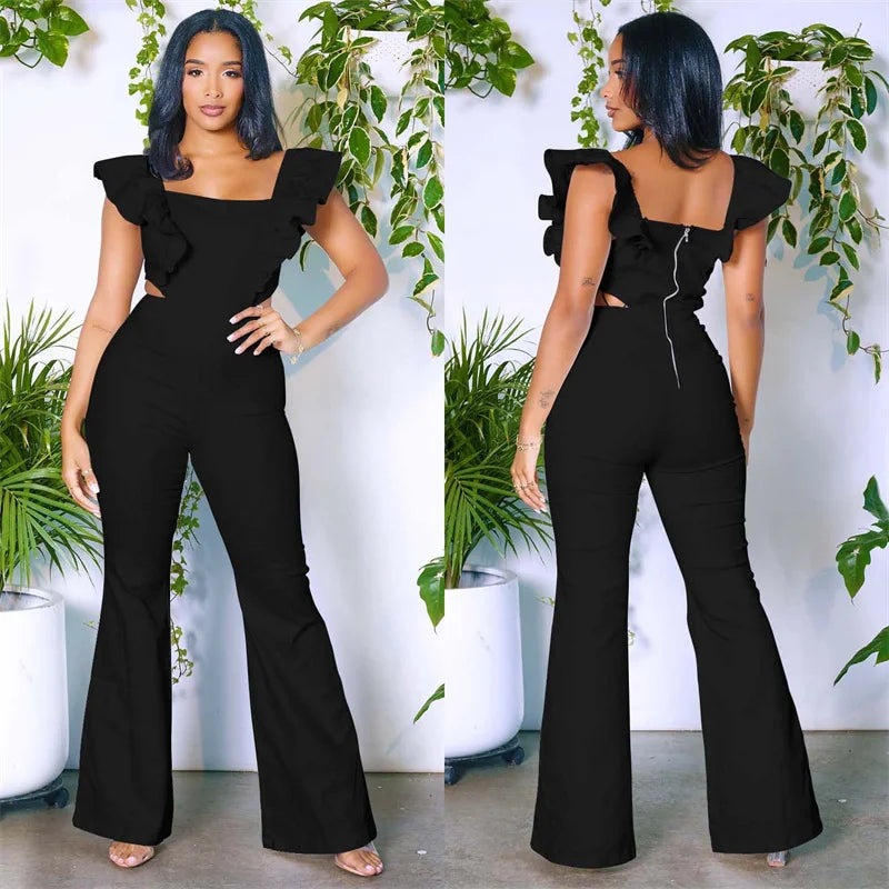 Ruffled Cut-Out Square Neck Skinny Backless Flare Pant Jumpsuit