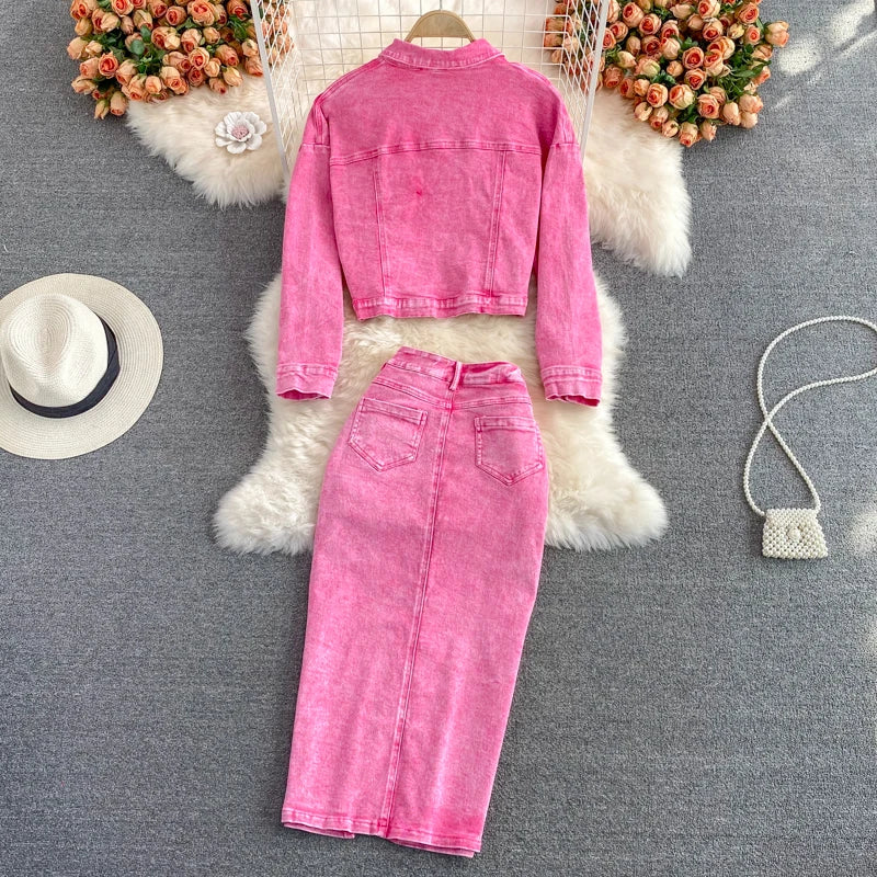 Pink Denim Single Breasted  Washed Jean Jacket + High Back.Slit Maxi Jean Skirt 2-Piece Set