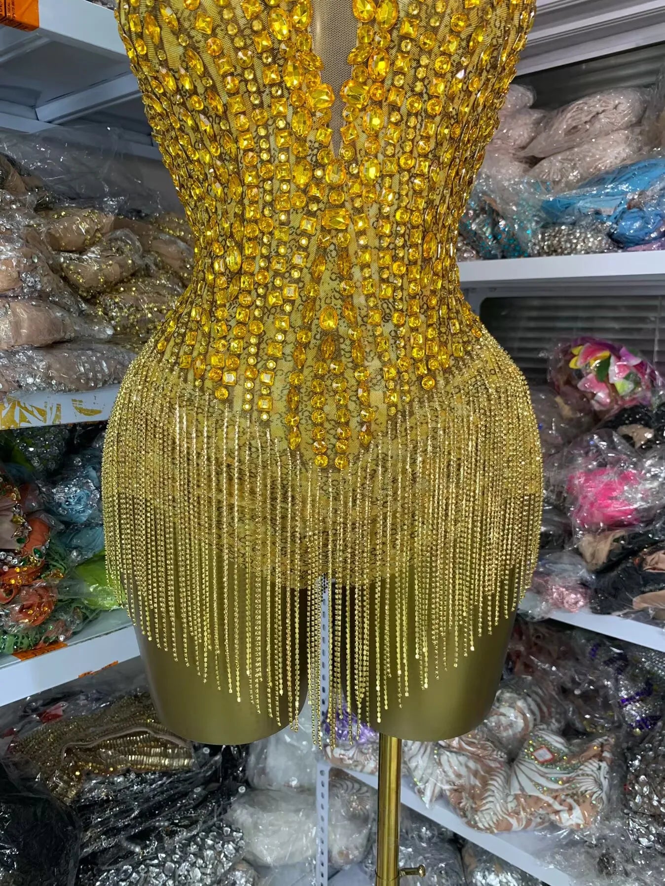 Sparkling Gold Rhinestone Sleeveless Tassel Fringe Design V-Neck Formal Women's Stage Performance Romper