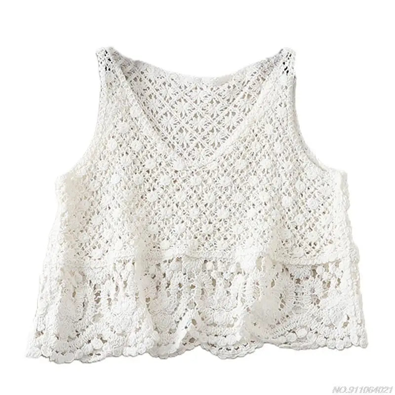 Crochet Multi-Colored Square Flower Design Knitted Square Neck Women's Sleeveless Cropped Tank Top